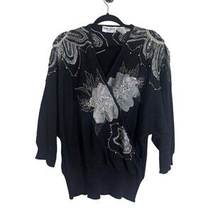 Bonnie Boerer Sweater 2X Black Vinage Beaded Sequin Floral Glam Knit Metallic